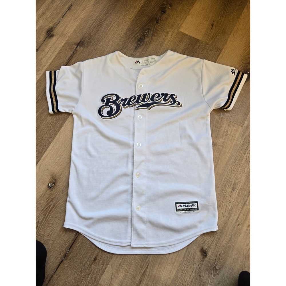 Majestic Milwaukee Brewers Youth Baseball Jersey White Navy Gold  L 14/16